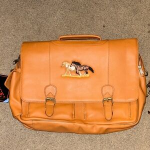 Tan Leather Briefcase Messenger Bag with Horse Embroidery